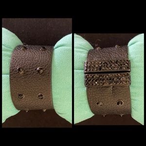 Leather Bracelet w/Black Crystal Embellishments